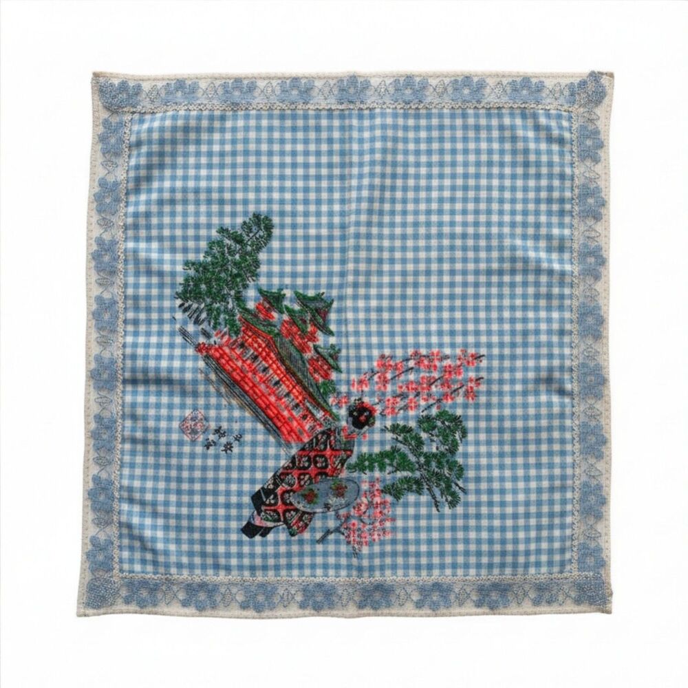 Vintage Japanese Souvenir Handkerchief Geisha Temple Blue Gingham Lace Hanky